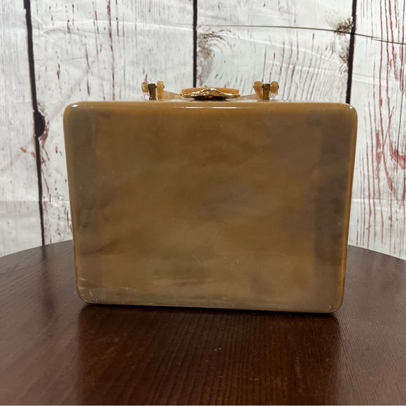 Retro Vintage Taupe Acrylic Box Bag with Gold Filigree - Picture 6 of 13